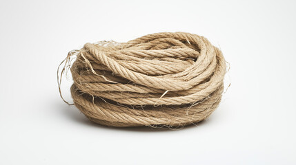 Neatly coiled old rope with frayed edges on a white background, representing ocean waste in a clean, detailed shot