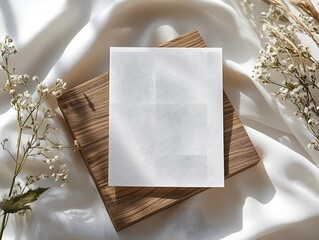 Blank Card Mockup: A minimalist mockup featuring a blank card resting on a wooden board, surrounded by delicate white florals and soft, flowing fabric.
