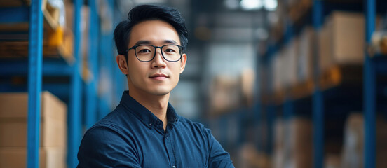 Obraz premium Confident Young Man in Warehouse Setting with Arms Crossed