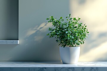 Fototapeta premium A small green plant in a white pot sits on a marble countertop against a light-colored wall, casting soft shadows.