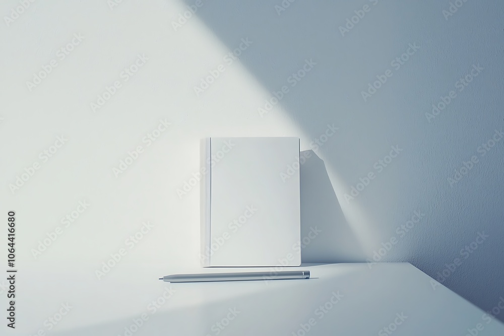 Poster a minimalist setup featuring a white notebook and a pen, casting soft shadows in a bright, serene sp