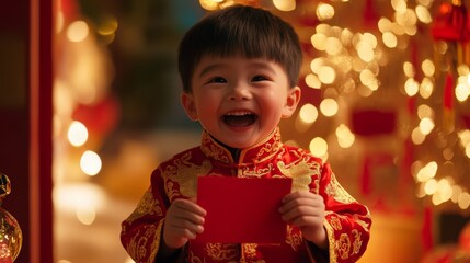 A joyful child in a traditional red outfit, holding a red envelope, surrounded by festive lights, celebrating a cultural occasion.