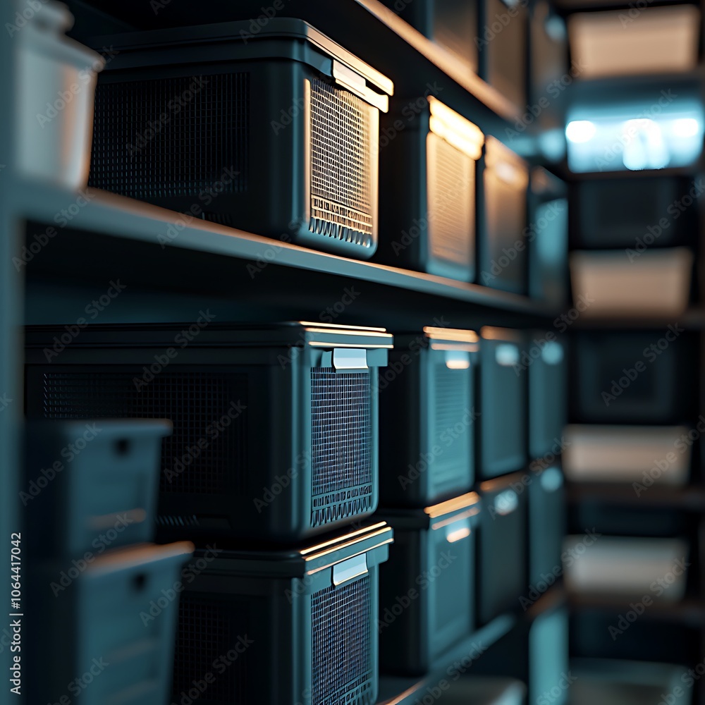 Poster a dimly lit storage area filled with neatly arranged bins on shelves, creating an organized and func