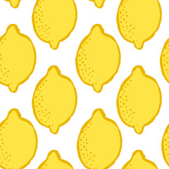 Seamless vector repeat pattern retro style with juicy yellow lemons half drop on white background. Summer fruit, swim, poolside, beach themed design. Juice, food, cooking, cosmetic design projects.