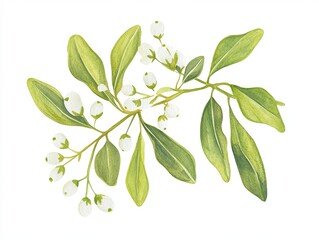 playful watercolor style illustration of mistletoe with green leaves and white berries, perfect for holiday themes and decorations