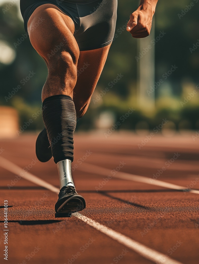 Poster an athlete runs on a track, showcasing determination and speed while using a prosthetic leg during a