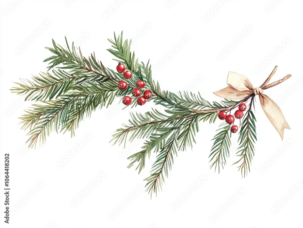 Wall mural cozy watercolor style Christmas greenery swag featuring pine branches and red berries, tied with delicate bow, perfect for festive decor