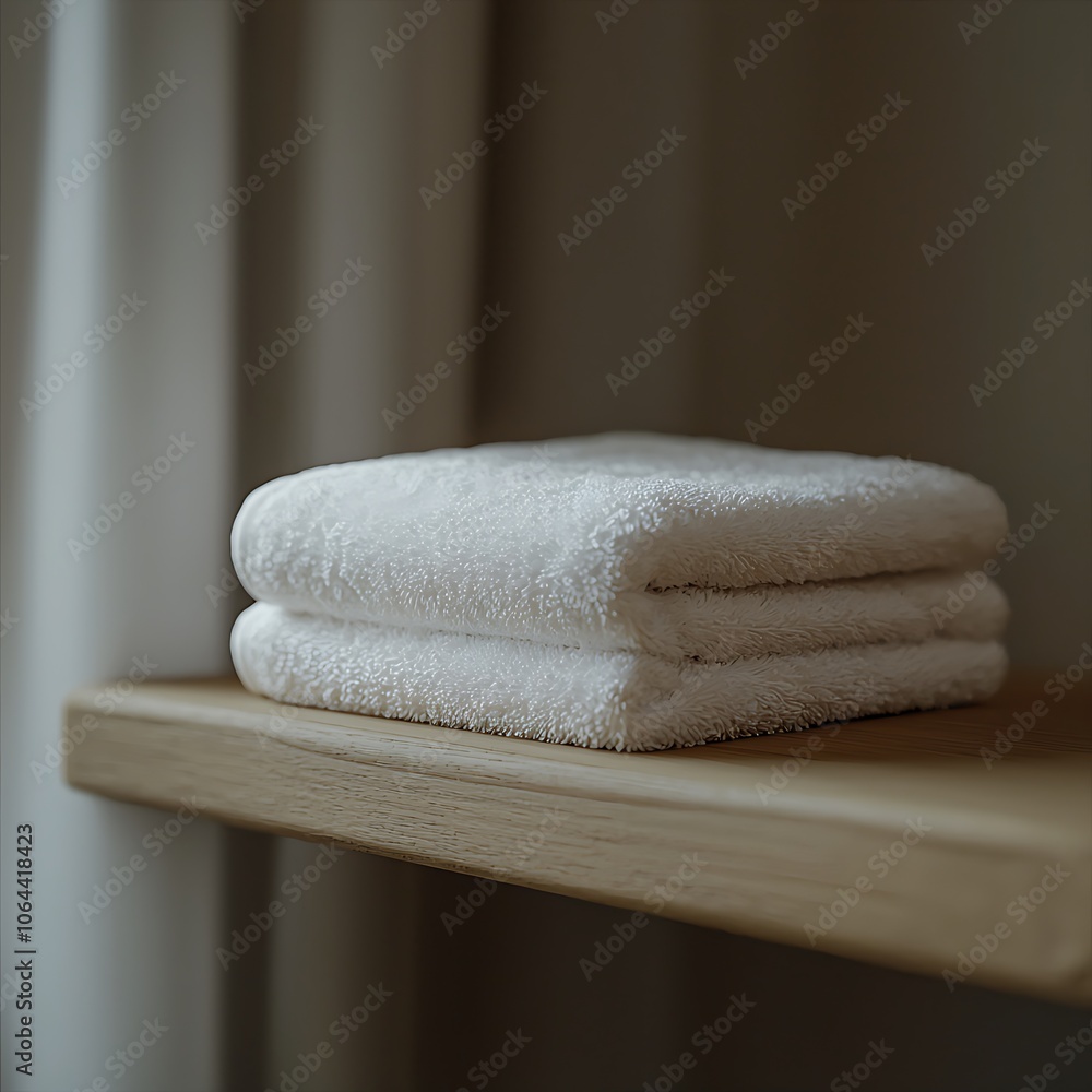 Poster a neatly stacked pair of white towels displayed on a wooden shelf against a soft, blurred background