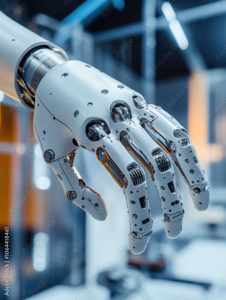 Poster a close-up view of a robotic prosthetic hand delicately holding a small object in a technology-focus