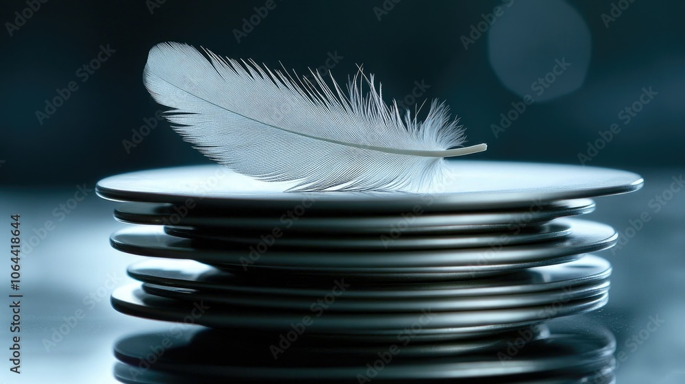 Poster feather on stack of plates in calm setting