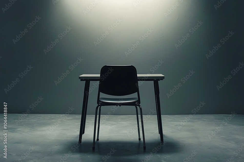 Poster a solitary chair and desk sit under an overhead light in an empty room, creating a sense of stillnes