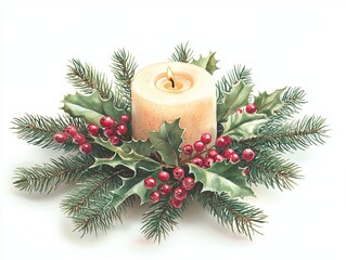 joyful holiday centerpiece featuring lit candle surrounded by holly leaves and red berries, perfect for festive decorations and celebrations