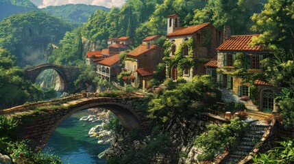 Fototapeta premium a village under cliffs and hills with waterfalls and rivers