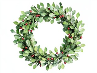 Fototapeta premium playful boxwood wreath adorned with vibrant red berries, perfect for seasonal decor. This watercolor style design adds touch of nature to any space