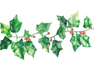 Fototapeta premium vibrant watercolor style illustration of Christmas ivy with red berries, showcasing lush green leaves and festive feel. Perfect for holiday decor and seasonal designs