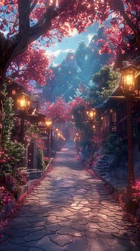 Enchanted Japanese Garden: Stone Path Through Cherry Blossoms