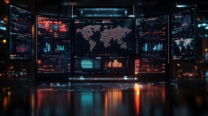 Obraz premium Futuristic control room with multiple monitors displaying data and a world map.
