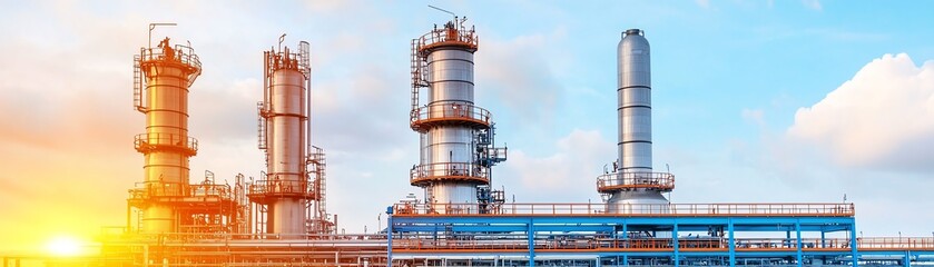Obraz premium A petrochemical plant under a clear blue sky, showcasing tall industrial structures with smoke stacks and a vibrant sunset.