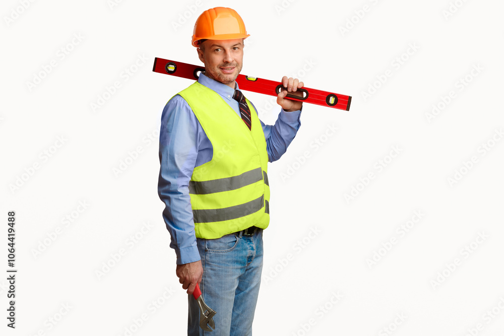 Poster Worker Man Posing With Builder's Level Smiling To Camera Standing In Studio Over White Background. Building Equipment Concept. Copy Space