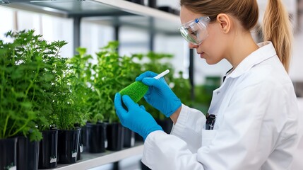 A focused scientist in a lab coat examines plants, taking notes while wearing gloves and protective eyewear.