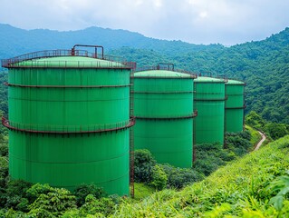 Obraz premium Four large green storage tanks are set against a lush, mountainous backdrop, showcasing industrial infrastructure amidst natural beauty.