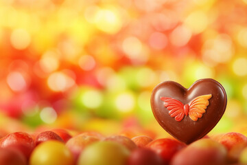 Fototapeta premium Heart-shaped chocolates with wings, representing love and joy, surrounded by a blur of colorful fruits in the background. With copy space. 