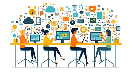 A team of diverse businesspeople working at computers and using mobile devices with a cloud of technology icons above them.