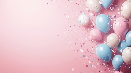 Colorful Balloons and Confetti on Pink Background