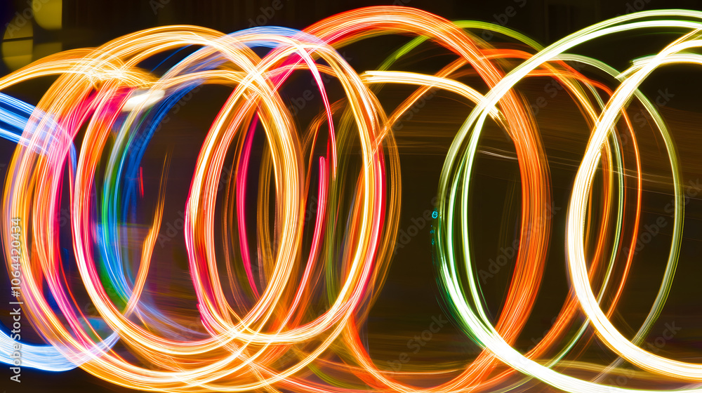 Aufkleber A vibrant display of colorful light trails forming circular patterns against a dark backdrop, showcasing an artistic blur effect.