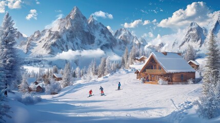 Skiing on snow capped mountains, beautiful wooden houses, happy Christmas