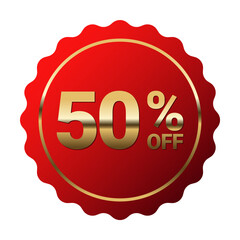 50% off sticker label, Red Serrated Circle badge Decoration vector isolated ,for advertising discount product ,Golden Text vector design shiny for packaging design element or shopping website 