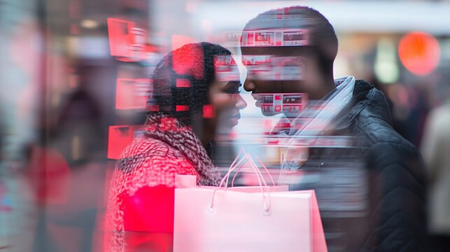 Black couple looking inside shopping bags on street, urban revelation unfolding, Schr&Atilde;&para;dinger's purchases materializing, origami-style bag geometry, auras of anticipation, Streetscape melting into