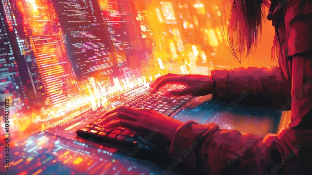 Poster female developer working intently on a keyboard