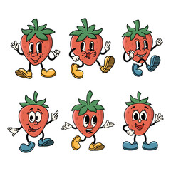 Set of Traditional Strawberry Cartoon Illustration with Varied Poses and Expressions