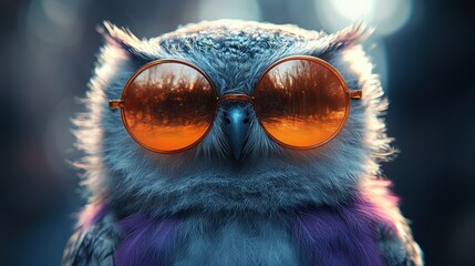 A quirky cartoon owl wearing round orange sunglasses and purple feathers.