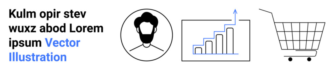 Man with beard icon, bar chart with upward arrow, and shopping cart. Text header in black and blue. Ideal for e-commerce, business growth, data analytics, user avatars, tech services, marketing