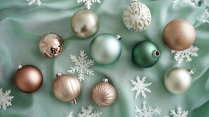 Assorted Christmas Ornaments and Snowflakes on Green Fabric