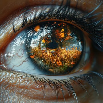A close-up of an eye reflecting a vibrant landscape, capturing the beauty of nature within the iris and surrounding environment.