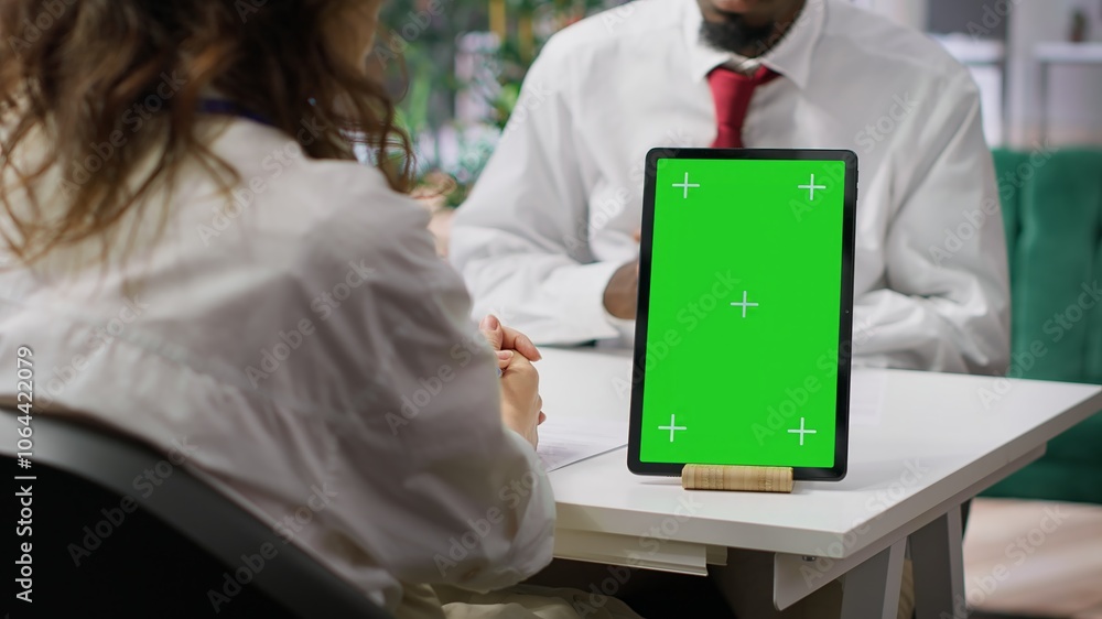 Poster interviewer and candidate meeting for an interview next to green screen, hr manager asking questions