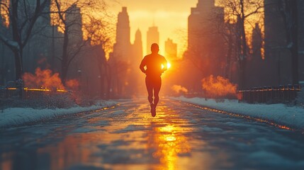 Fototapeta premium A runner sprinting through an empty city street at dawn