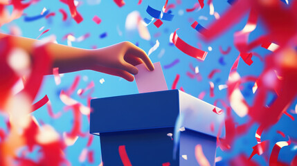 3D Cartoon Illustration of Ballot Box with Hand Dropping Vote, Surrounded by Patriotic Streamers, Celebrating US Elections