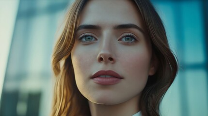 A woman with long brown hair and blue eyes looking at the camera