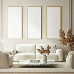 modern living room with three mockup frames 