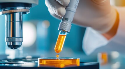 Scientist uses pipette to transfer liquid in laboratory experiment