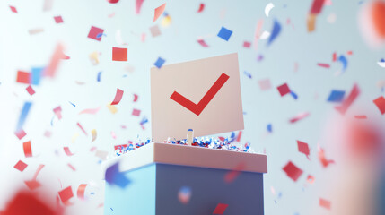 Celebratory Voting Scene with Ballot Box and Red Checkmark Surrounded by Confetti