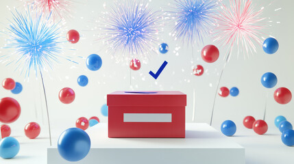 3D Cartoon Ballot Box with Patriotic Fireworks and Checkmark Symbol