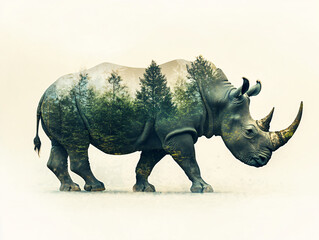 Obraz premium Double exposure of Rhino and forest. 