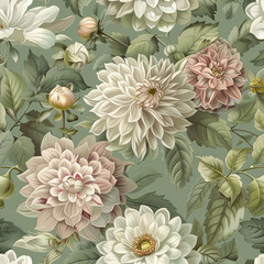 Soft Green Floral Pattern with Dahlias and Camellias