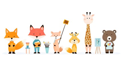 Collection of Whimsical Animal Characters in Various Professions and Occupations Including a Fox as a Teacher a Giraffe as an a Bear as a Painter Depicted in a on a White Background