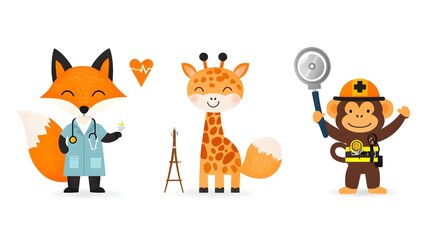 of anthropomorphic animals depicted as professional occupations including a fox in doctor attire a giraffe engineer and a monkey firefighter set against a white background